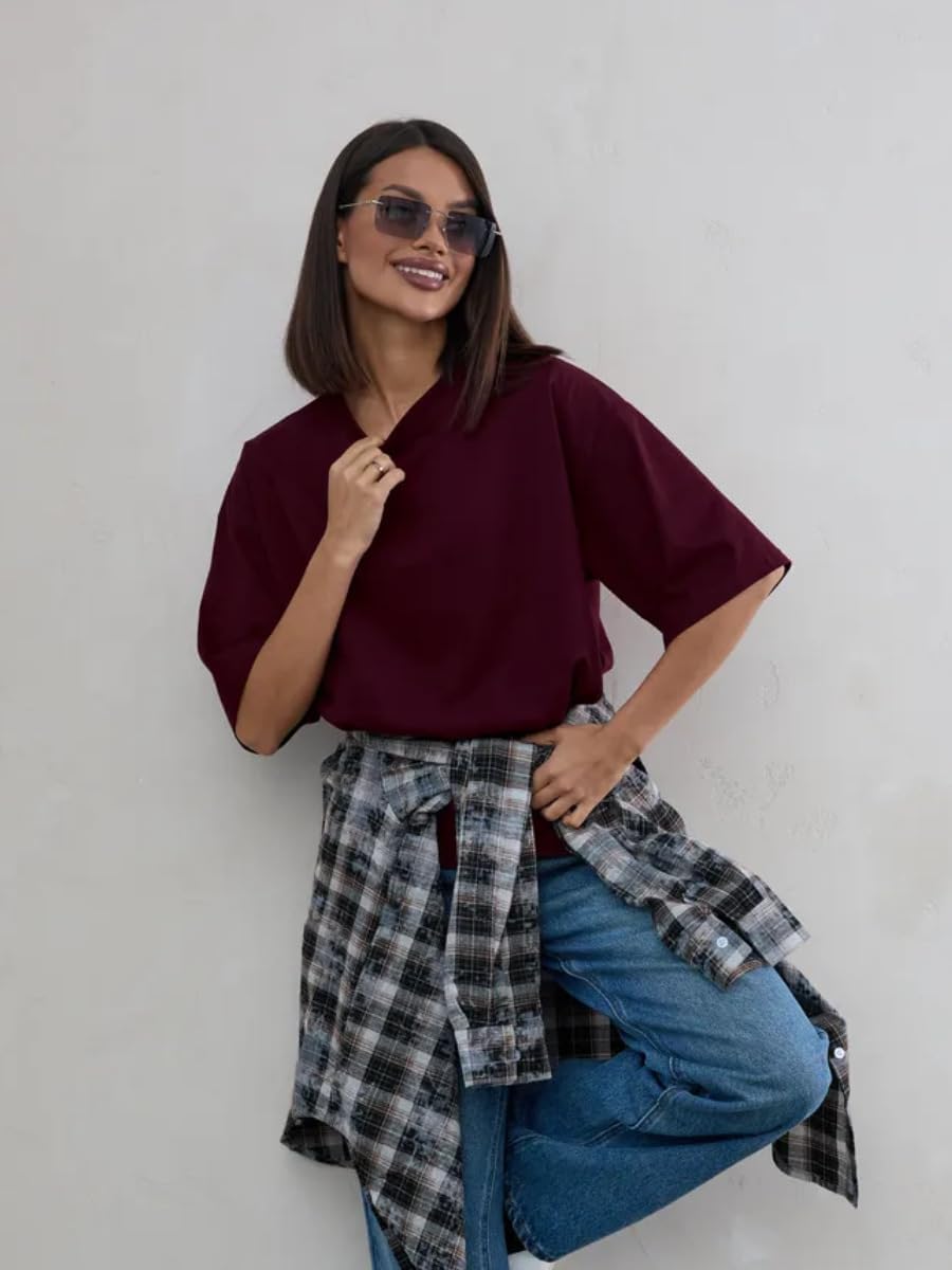 商品图片 4 | B0GZ395Q5Z | Women's Basic Oversized T-Shirt, Loose Fit Crewneck Short Sleeve Tee, Casual Solid Color Drop Shoulder Top
