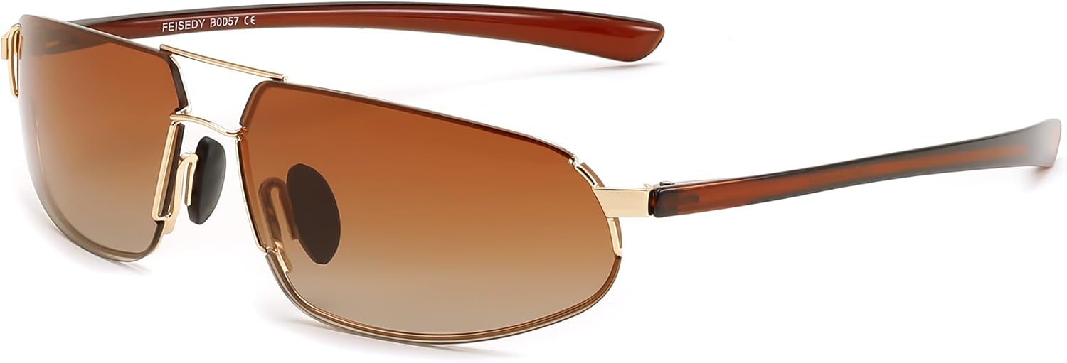 Polarized Gradient Tea Lens Gold Frame 05 / 60 Millimeters | B0D22S6ZQ4 | FEISEDY Vintage Sunglasses Men Polarized, Aviator Metal Frame Lightweight, Driving Fishing Running B0057