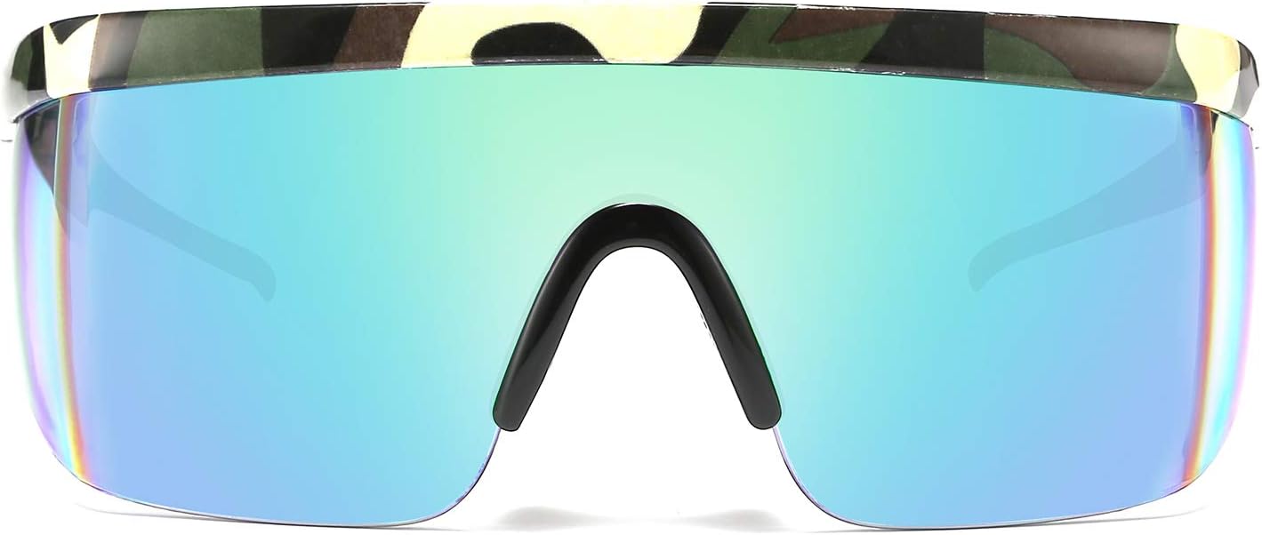 Camouflage Frame Green Mirrored Lens / 56 Millimeters | B07Y1TWYG4 | FEISEDY Oversized Mirror Shield Sport 80s Sunglasses Ski Goggles Flat Top One Piece Futuristic Visor Women Men B2522