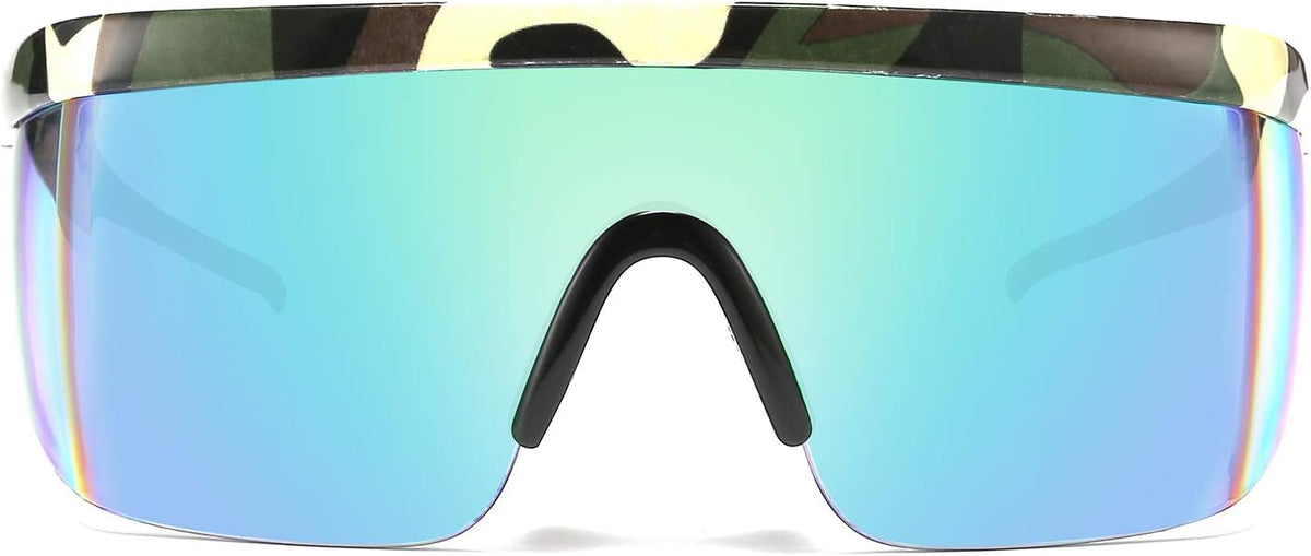 Camouflage Frame Green Mirrored Lens / 56 Millimeters | B07Y1TWYG4 | FEISEDY Oversized Mirror Shield Sport 80s Sunglasses Ski Goggles Flat Top One Piece Futuristic Visor Women Men B2522
