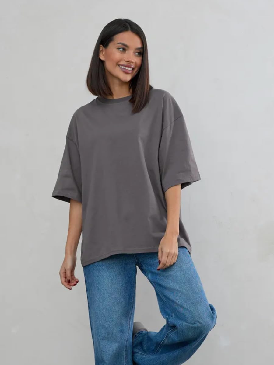 商品图片 2 | B0GZ43MX7B | Women's Basic Oversized T-Shirt, Loose Fit Crewneck Short Sleeve Tee, Casual Solid Color Drop Shoulder Top