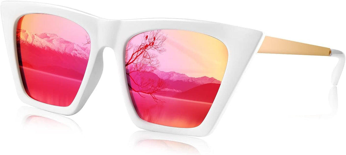 White Frame/Red Mirrored Lenses / 55 Millimeters | B08R8PXX51 | FEISEDY Vintage Polarized Square Cat Eye Sunglasses Women Trendy Fashion Cateye Polarized Sunglasses B2692