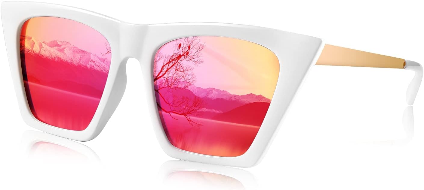 White Frame/Red Mirrored Lenses / 55 Millimeters | B08R8PXX51 | FEISEDY Vintage Polarized Square Cat Eye Sunglasses Women Trendy Fashion Cateye Polarized Sunglasses B2692