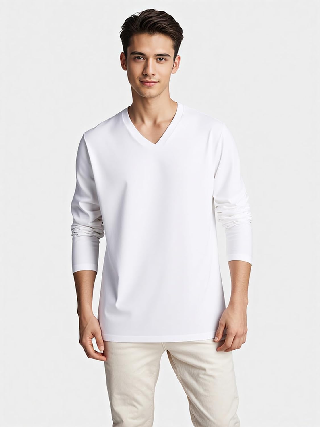 商品图片 4 | B0H1BJD97H | Mens Long Sleeve Tee Shirts, Soft Cotton V-Neck T-Shirt for Men, Thin Casual Long Sleeve Shirts for Men, Black/White/Gray