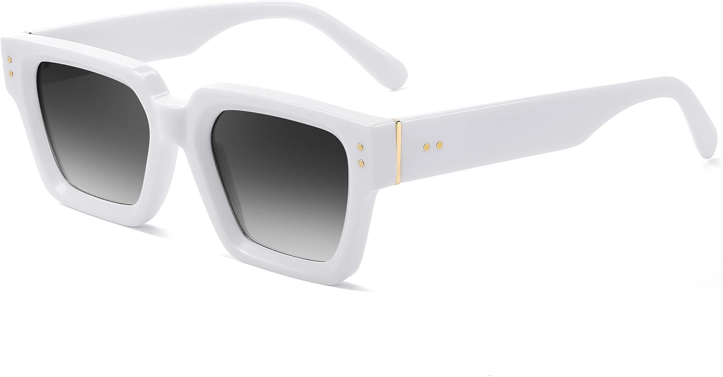 White Frame & Gradual Grey Lens / 49 Millimeters | B0CHMQ4RB2 | FEISEDY Retro Rectangle Sunglasses Trendy Chunky Square Sun Glasses for Women Men UV400 Protection B0073