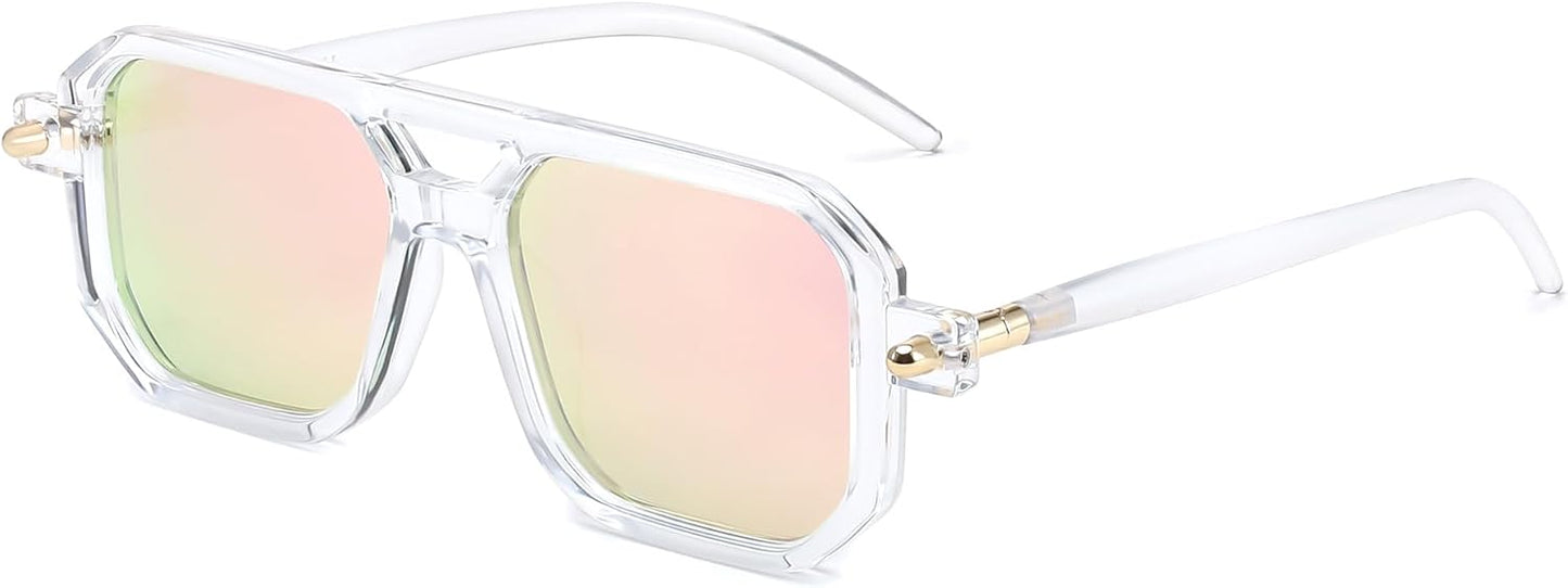 030 Transparent Frame & Pink Mirrored Lens / 52 Millimeters | B0DPCLNFC4 | FEISEDY Vintage Square 70s Flat Aviator Sunglasses Women Men Classic Retro Stylish Frame UV400 Sunglasses B2622