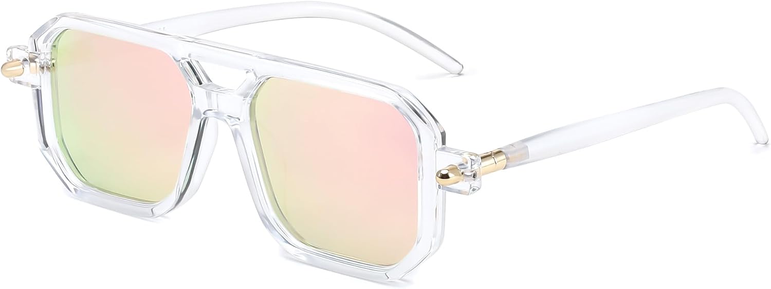030 Transparent Frame & Pink Mirrored Lens / 52 Millimeters | B0DPCLNFC4 | FEISEDY Vintage Square 70s Flat Aviator Sunglasses Women Men Classic Retro Stylish Frame UV400 Sunglasses B2622