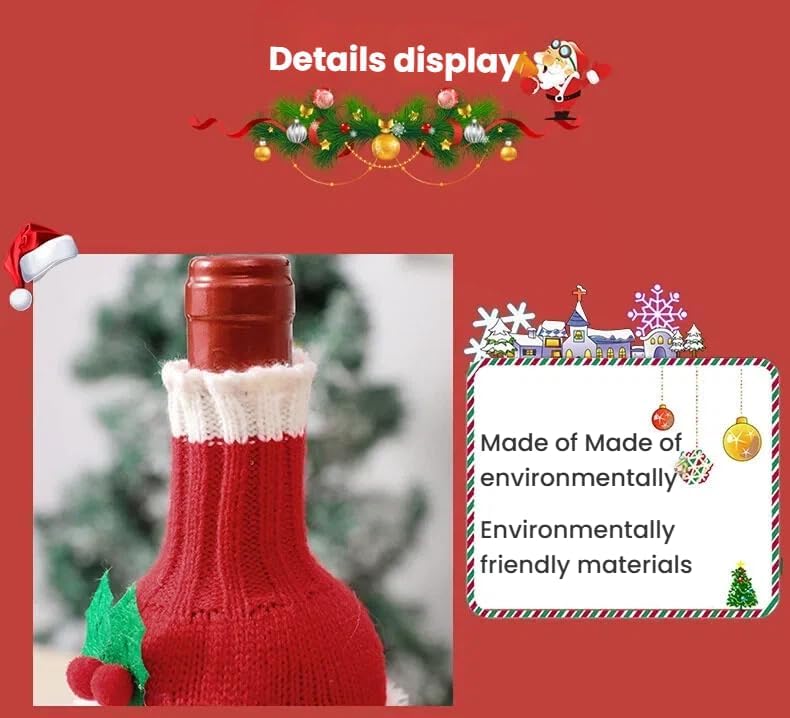 商品图片 4 | B0FWX7QLDR | Christmas Bottle Knit Covers, Festive Knit Wine Bottle Cozy with Santa & Snowman Holly Decor, for Holiday Parties & Gifts