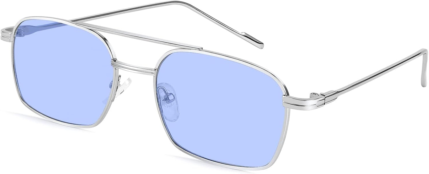 002 Silver Frame/Blue Lens / 53 Millimeters | B09GK76CP9 | FEISEDY Fashion Square Aviator Sunglasses Women Men Trendy Retro Metal Frame Sun Glasses Candy Color Lens B1036