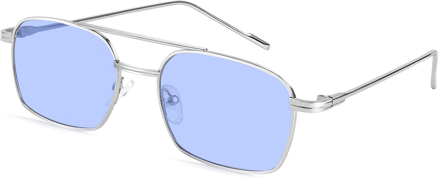 002 Silver Frame/Blue Lens / 53 Millimeters | B09GK76CP9 | FEISEDY Fashion Square Aviator Sunglasses Women Men Trendy Retro Metal Frame Sun Glasses Candy Color Lens B1036