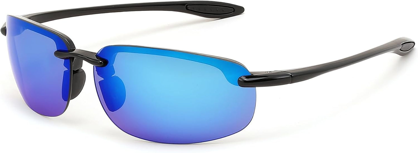 Blue / 65 Millimeters | B0FY1FP71C | FEISEDY Sports Sunglasses for Men Women TR90 Rimless Frame for Running Fishing Driving B0349