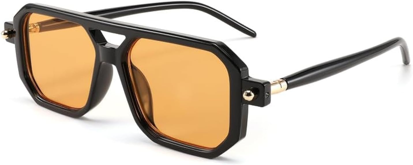 007 Black Frame & Orange Lens / 52 Millimeters | B0CBK4Q8DM | FEISEDY Vintage Square 70s Flat Aviator Sunglasses Women Men Classic Retro Stylish Frame UV400 Sunglasses B2622