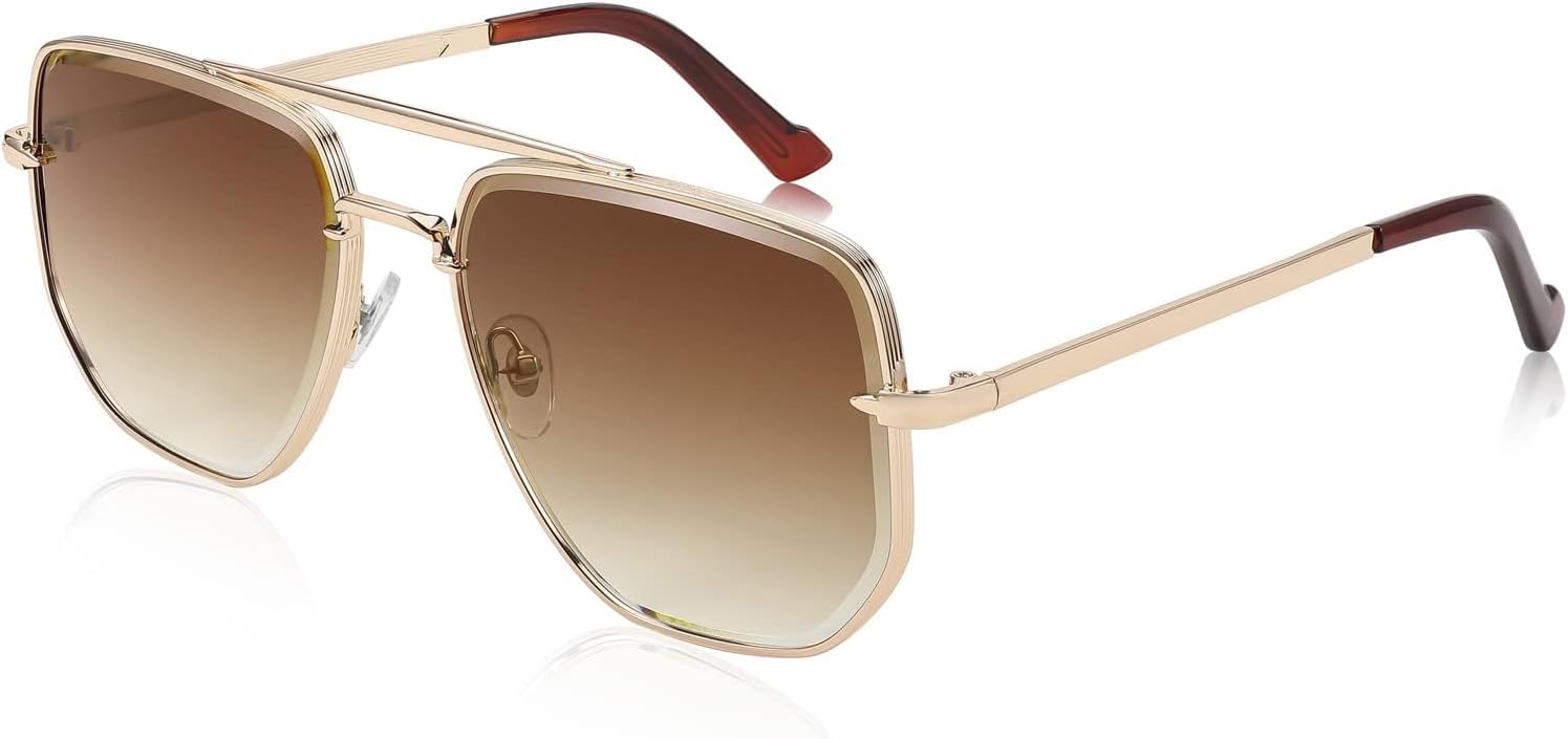 004 Gold Frame & Gradient Tea Lens / 61 Millimeters | B0B38ZHMJL | FEISEDY Sunglasses Aviator Men Women 70s Sun Glasses Square Frame UV400 Protection B2953