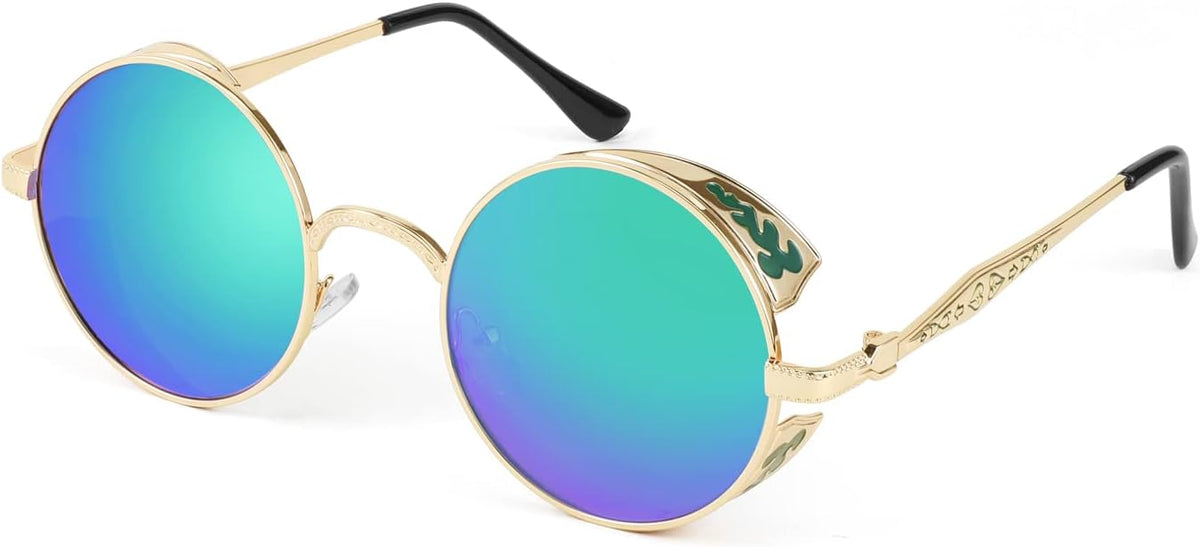 006 Gold Frame & Green Polarized Lens / 50 Millimeters | B09NPNCWKC | FEISEDY Retro Steampunk Sunglasses for Men Women, Round Metal Frame Gothic Vintage Style B2820