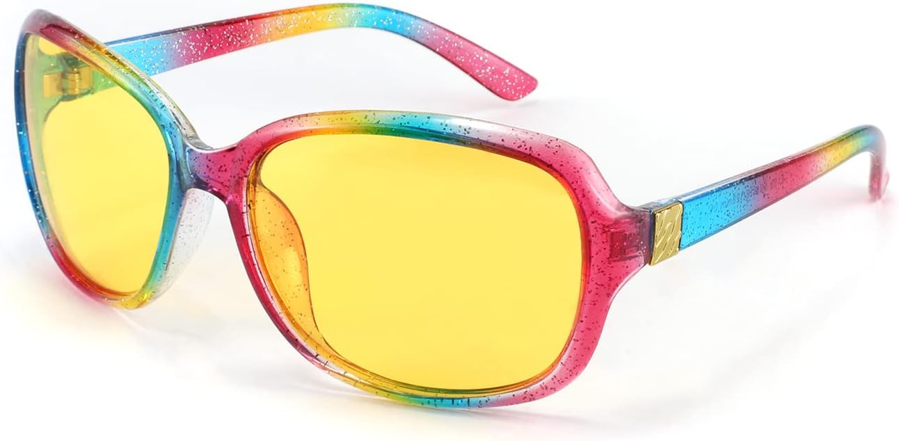 Flashing Multicolor / 60 Millimeters | B09NQV2MLT | FEISEDY Classic Womens Night Glasses Driving Anti Glare Wrap Around Yellow Sunglasses B2548