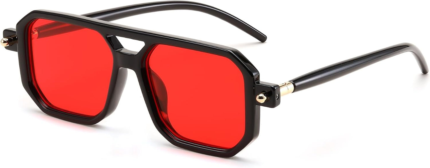 026 Black Frame & Red Lens / 52 Millimeters | B0DF2J4HBV | FEISEDY Vintage Square 70s Flat Aviator Sunglasses Women Men Classic Retro Stylish Frame UV400 Sunglasses B2622