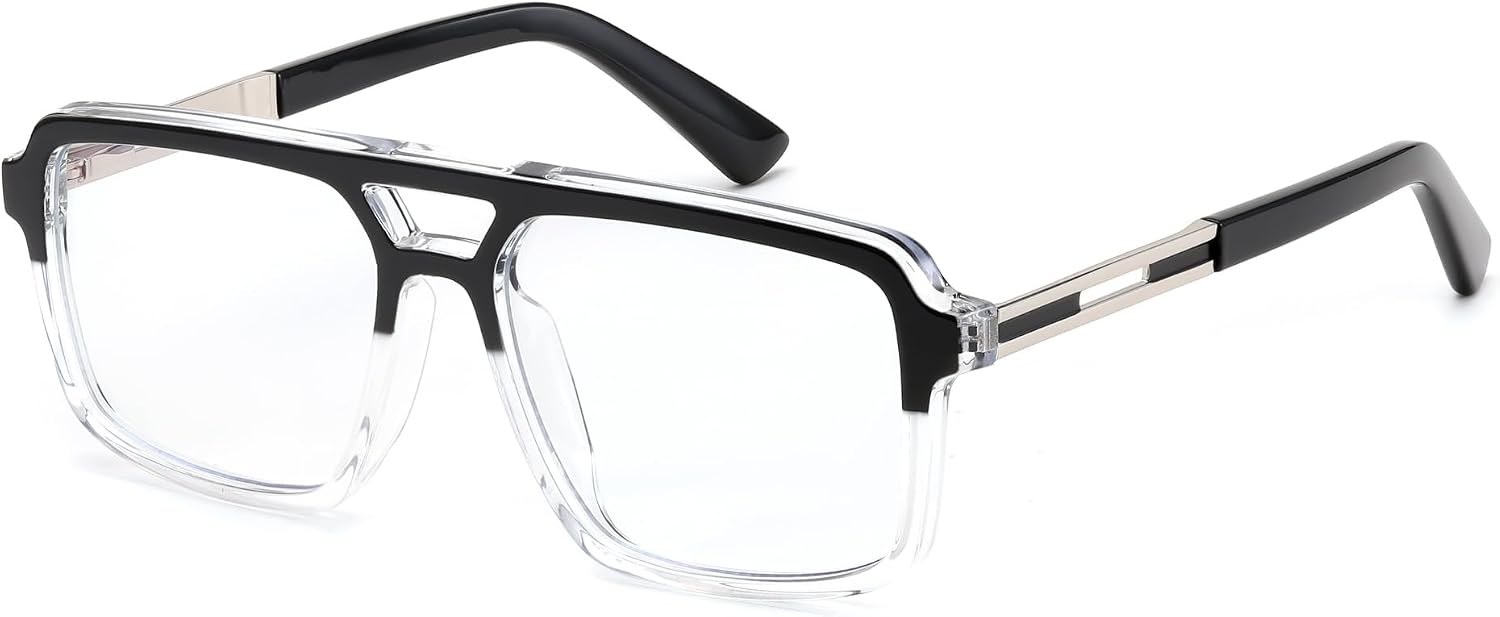 005 Black-transparent Frame / 53 Millimeters | B0D9NGLNSG | FEISEDY Retro Aviator Square Blue Light Glasses for Men Women B0209