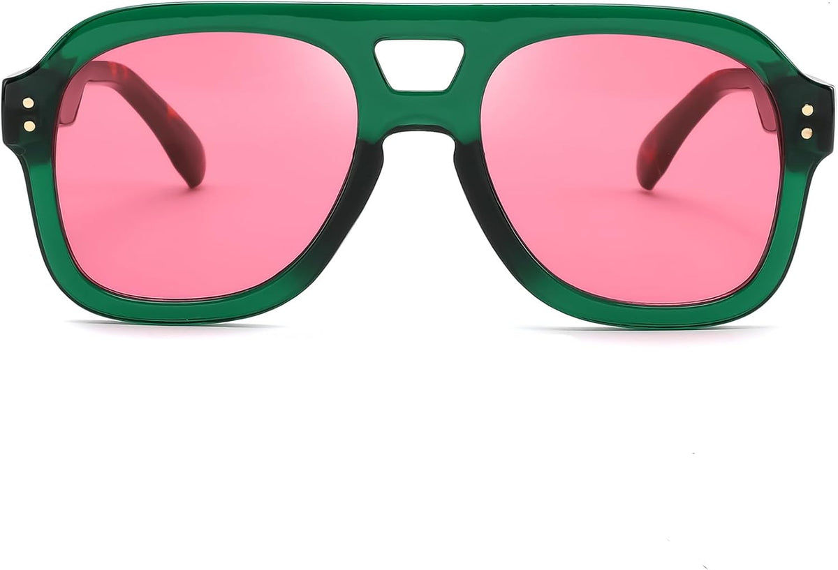 Transparent Green Leopard Temple & Red Lens / 53 Millimeters | B0GXP9RKGV | FEISEDY Aviator Sunglasses For Women Men Square Chunky Trendy Eyewear B2846