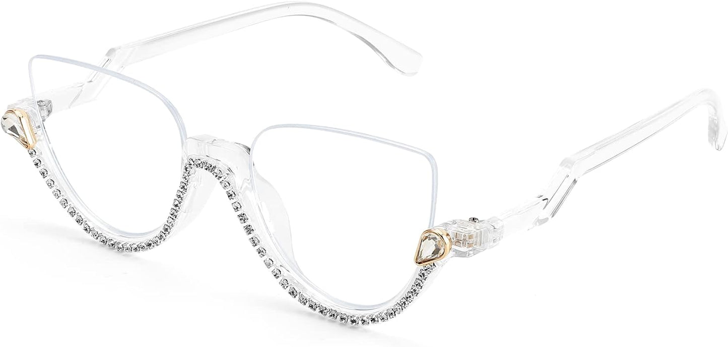 White / 52 Millimeters | B0BK8496V8 | FEISEDY Women Blue Light Blocking Glasses Fashion Half Frame Cat Eye Glasses Inlaid Diamond Anti Eyestrain B2995