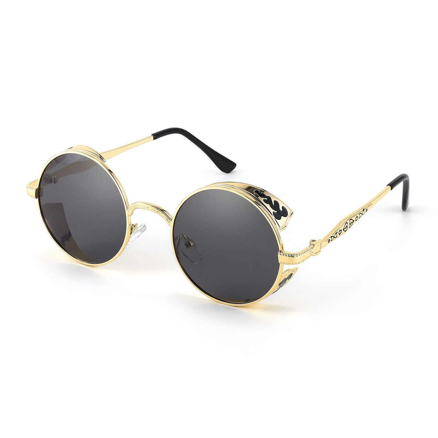 FEISEDY Retro Steampunk Sunglasses for Men Women, Round Metal Frame Gothic Vintage Style B2820