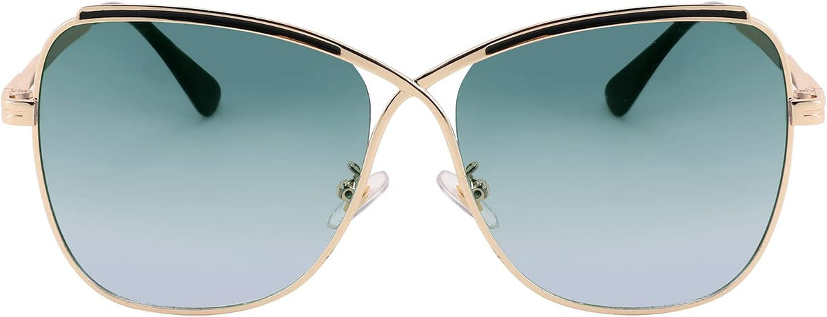 Golden Frame & Gradual Green-pink Lens / 58 Millimeters | B08SHW1D4S | FEISEDY Womens Cute Sunglasses Oversized Butterfly X Shape Design Cateye Lady Sunglasses B2738