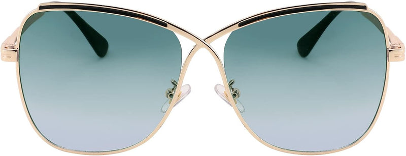 Golden Frame & Gradual Green-pink Lens / 58 Millimeters | B08SHW1D4S | FEISEDY Womens Cute Sunglasses Oversized Butterfly X Shape Design Cateye Lady Sunglasses B2738