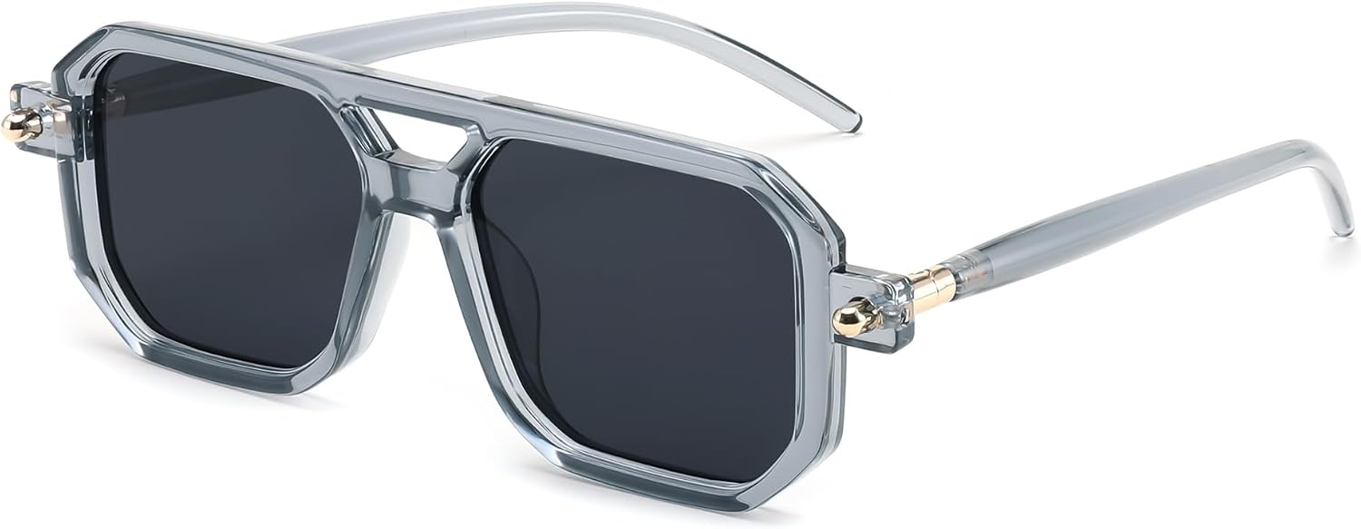 022 Transparent Grey Frame & Grey Lens / 52 Millimeters | B0D8HX2RV4 | FEISEDY Vintage Square 70s Flat Aviator Sunglasses Women Men Classic Retro Stylish Frame UV400 Sunglasses B2622