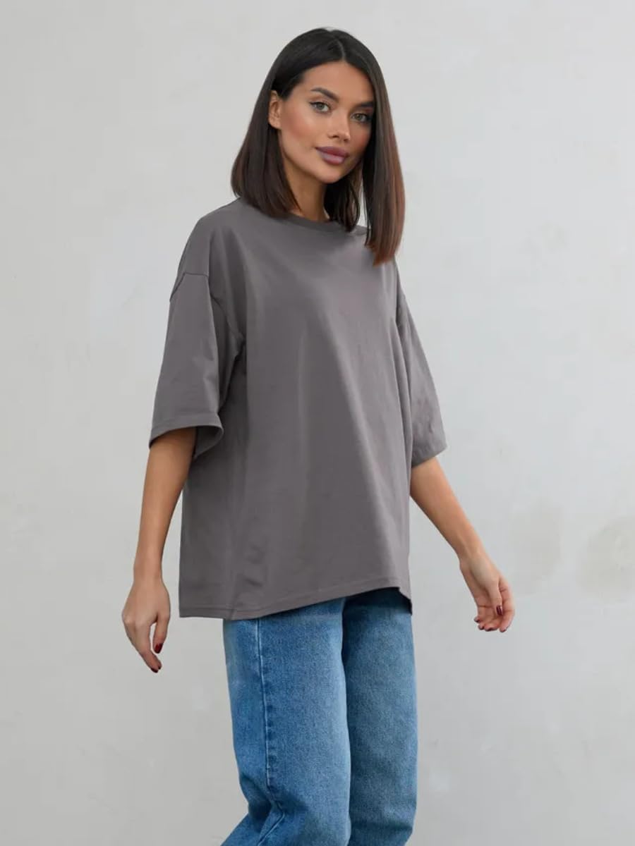 商品图片 5 | B0GZ43MX7B | Women's Basic Oversized T-Shirt, Loose Fit Crewneck Short Sleeve Tee, Casual Solid Color Drop Shoulder Top