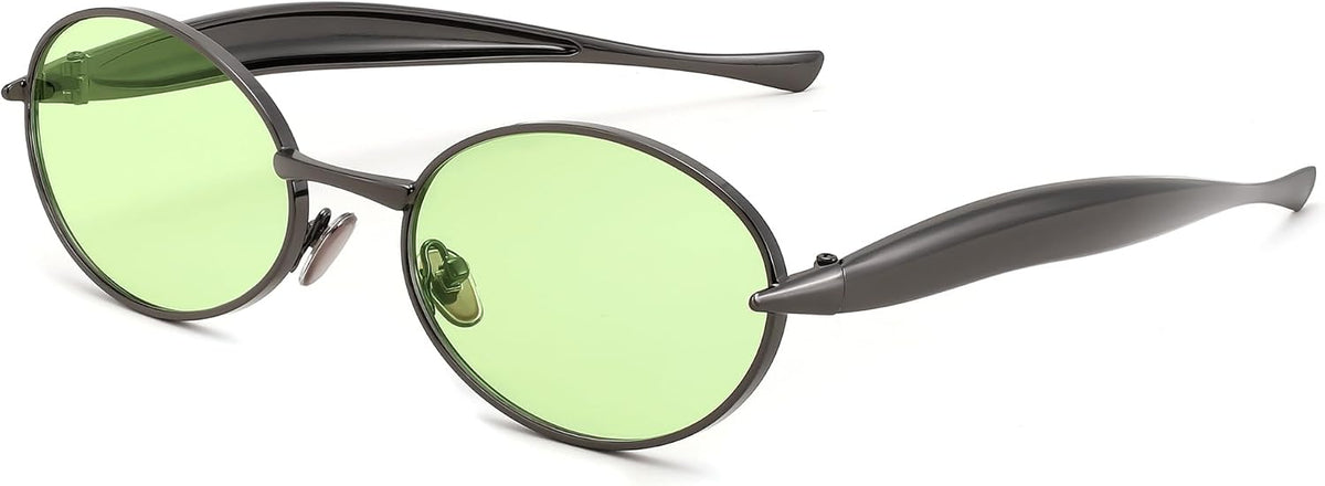 Gun/Green / 55 Millimeters | B0FH3TG2Z2 | FEISEDY Retro Oval Sunglasses Women Men - Gold Metal Chunky Frame, UV400 for Driving & Daily Wear B0312