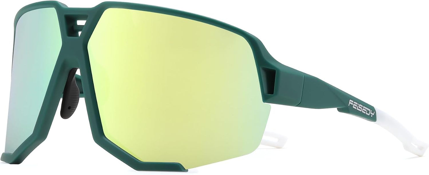 Green Frame Gold Mirrored Lens / Large | B0DN1LXN4P | FEISEDY Polarized Cycling Glasses Sports Sunglasses for Women Men Youth, Running Hiking Baseball Glasses B0215