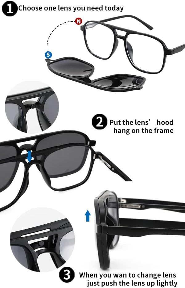 商品图片 5 | B09R13L9H4 | FEISEDY Magnetic Clip on Sunglasses TR90 Frame TAC 5pcs Replacement Lens Set Sunglasses for Men Women B2884