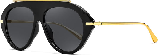 FEISEDY Retro Aviator Sunglasses for Women Men Trendy Oversized 70s Vintage Metal Sun Glasses B0408 | BLACK Series - Black Frame Grey Lens
