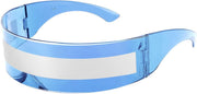 Blue | Silver Stripe / 70 Millimeters | B09998R3ZH | FEISEDY 80s Futuristic Cyclops Cyber Visor Sunglasses Men Women Punk Style Cosplay B2740