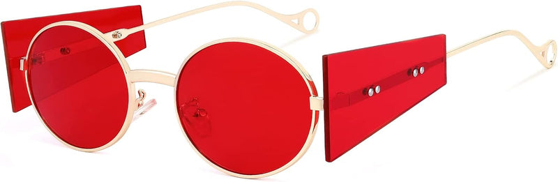 Red Lens / 53 Millimeters | B09J2NZQDQ | FEISEDY Women Men Futurisitc Hipster Round Sunglasses Polygon Trapezoid Side Shields Delicate Metal Frame B2825