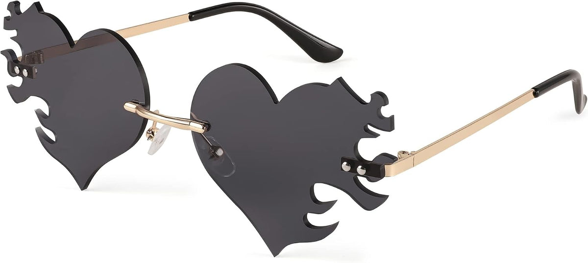 Black / 60 Millimeters | B0BM3PR1C8 | FEISEDY Melting Flame Heart Sunglasses For Women Men Trendy Rimless Fire Shaped Party Glasses B2366
