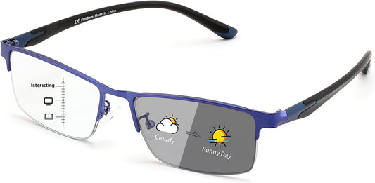 FEISEDY Photochromic Multifocal Progressive Reading Glasses B1388 | Blue Light Blocking Glasses Clear Indoors & Tinted Outdoors Vintage Half Frame Reader Sunglasses UV400 | BLUE Series - Blue