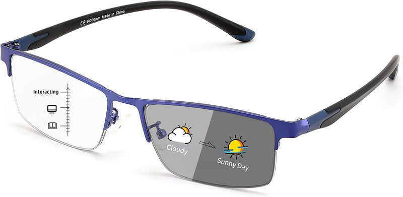 FEISEDY Photochromic Multifocal Progressive Reading Glasses B1388 | Blue Light Blocking Glasses Clear Indoors & Tinted Outdoors Vintage Half Frame Reader Sunglasses UV400 | BLUE Series - Blue