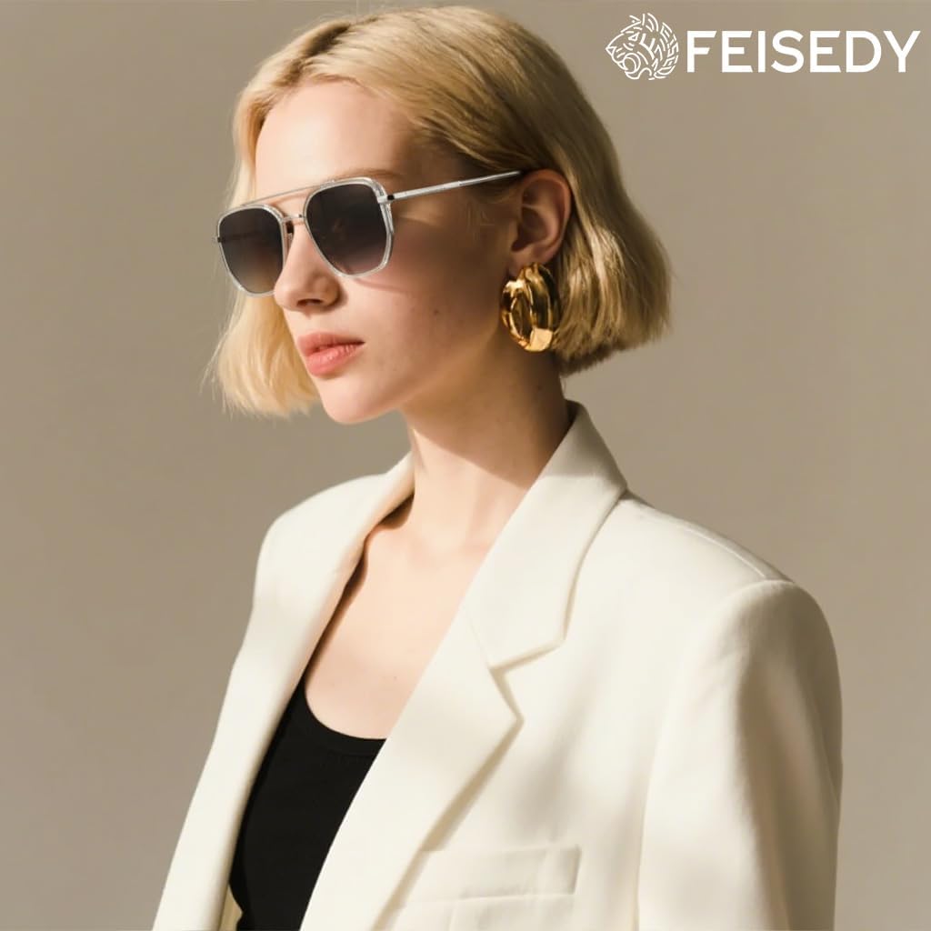 商品图片 21 | B0FQ4Y7FV6 | FEISEDY Polarized Aviator Sunglasses for Women Men Square TAC Lens B0329 | UV400 protection, Lightweight, Military-grade durability, Spring temples, Climate Pledge Friendly, Driving, Beach