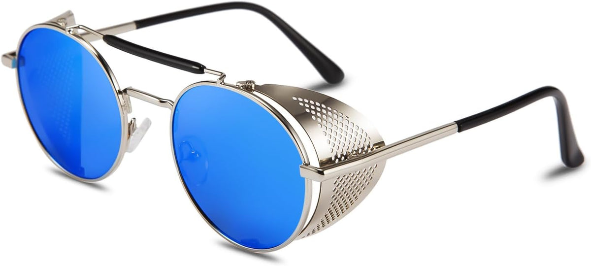 03 Blue / 49 Millimeters | B07X2PZP9T | FEISEDY Steam Punk Sunglasses for Men Women Side Shield Round Steampunk Vintage Glasses Shades B2518