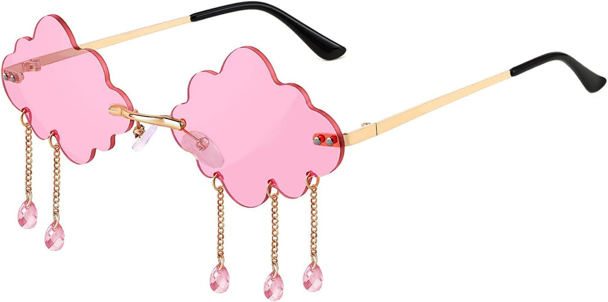 Pink / 51 Millimeters | B09K7BM9JR | FEISEDY Retro Dripping Cloud Shaped Tassel Sunglasses Rimless Women Funny Party Disco Eyewear B2834