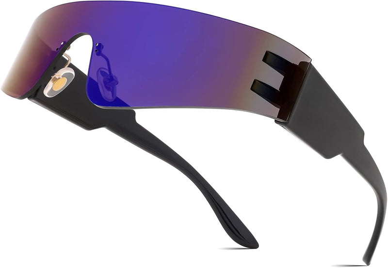 Blue Mirrored / 72 Millimeters | B0B1V45SXC | FEISEDY Y2K Futuristic Sunglasses Women Men Rimless One Piece Miorred B2927