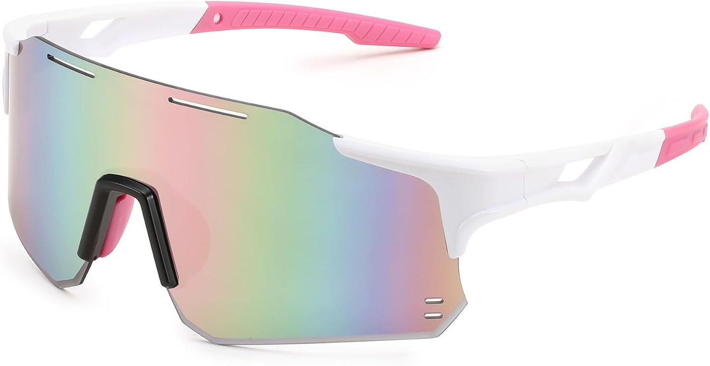 White Frame Pink Mirrored Lens / Large | B0DB5R33SG | FEISEDY Cycling Glasses Sports Sunglasses for Men Women, Youth Kids Baseball Softball Running Sunglasses B0223