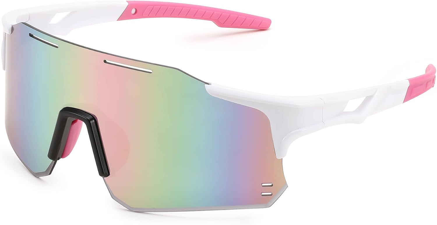 White Frame Pink Mirrored Lens / Large | B0DB5R33SG | FEISEDY Cycling Glasses Sports Sunglasses for Men Women, Youth Kids Baseball Softball Running Sunglasses B0223