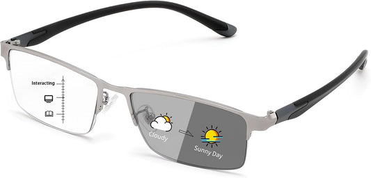 FEISEDY Photochromic Multifocal Progressive Reading Glasses B1388 | Blue Light Blocking Glasses Clear Indoors & Tinted Outdoors Vintage Half Frame Reader Sunglasses UV400 | BLACK Series - Grey