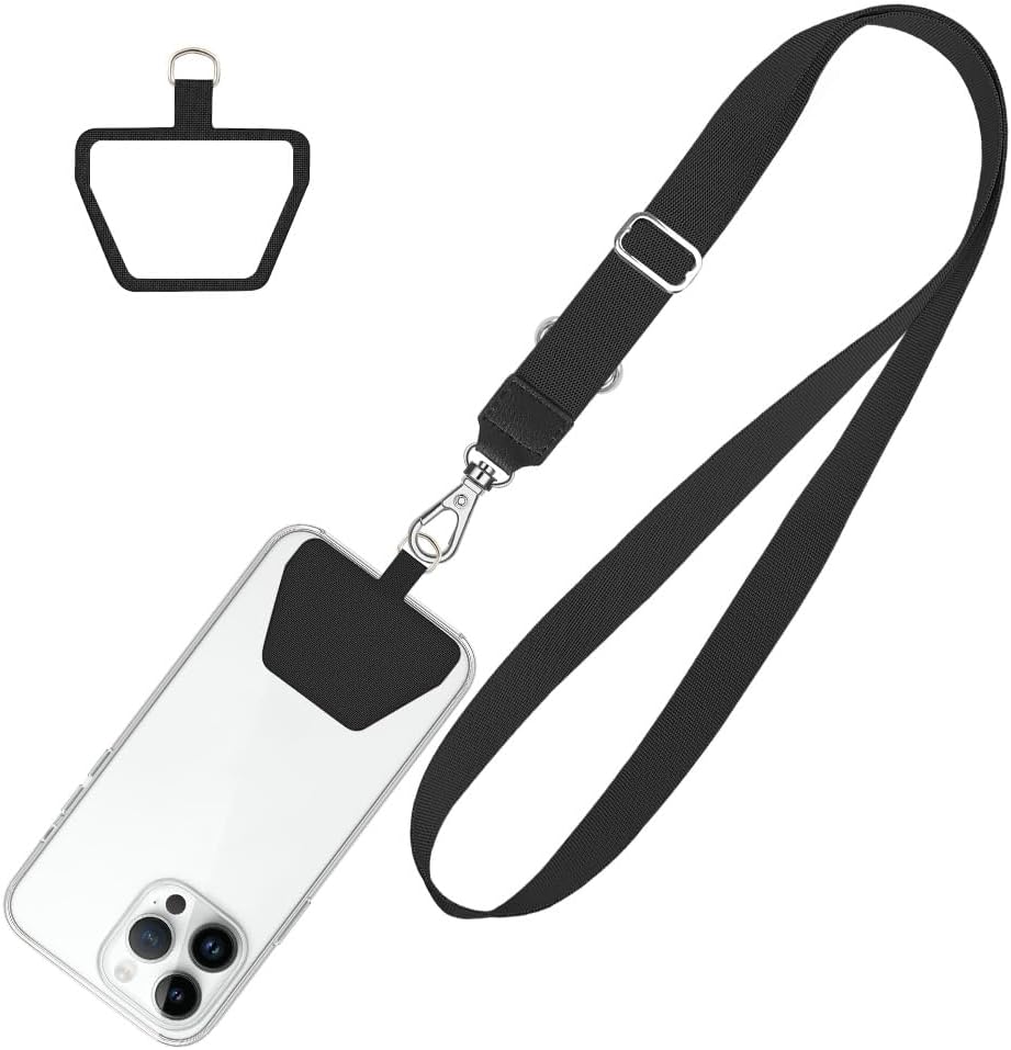Black | B0G4D7VYX6 | Phone Lanyard, Adjustable Neck Strap & Phone Patches, Compatible with Most Smartphones, Black/Grey Lanyards