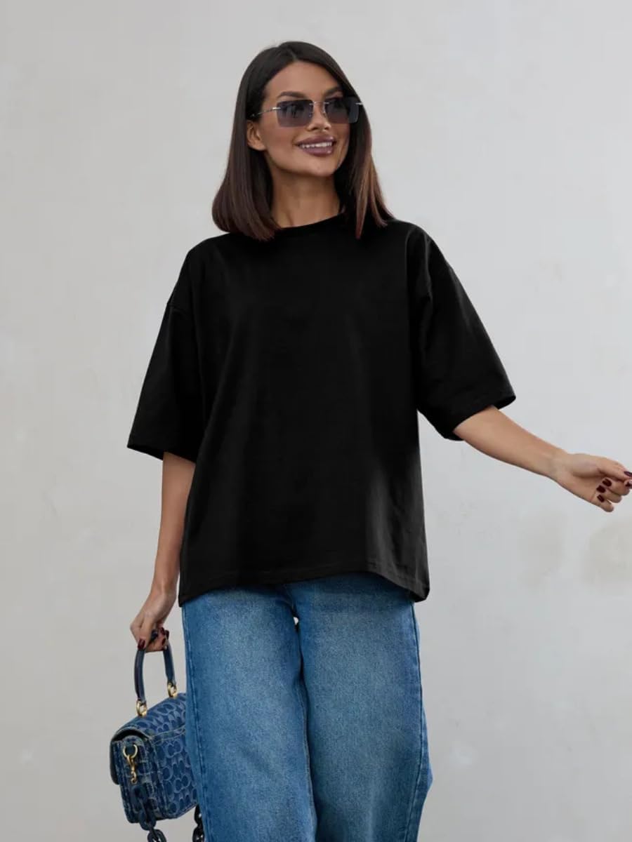 商品图片 2 | B0GZ3FBWKM | Women's Basic Oversized T-Shirt, Loose Fit Crewneck Short Sleeve Tee, Casual Solid Color Drop Shoulder Top
