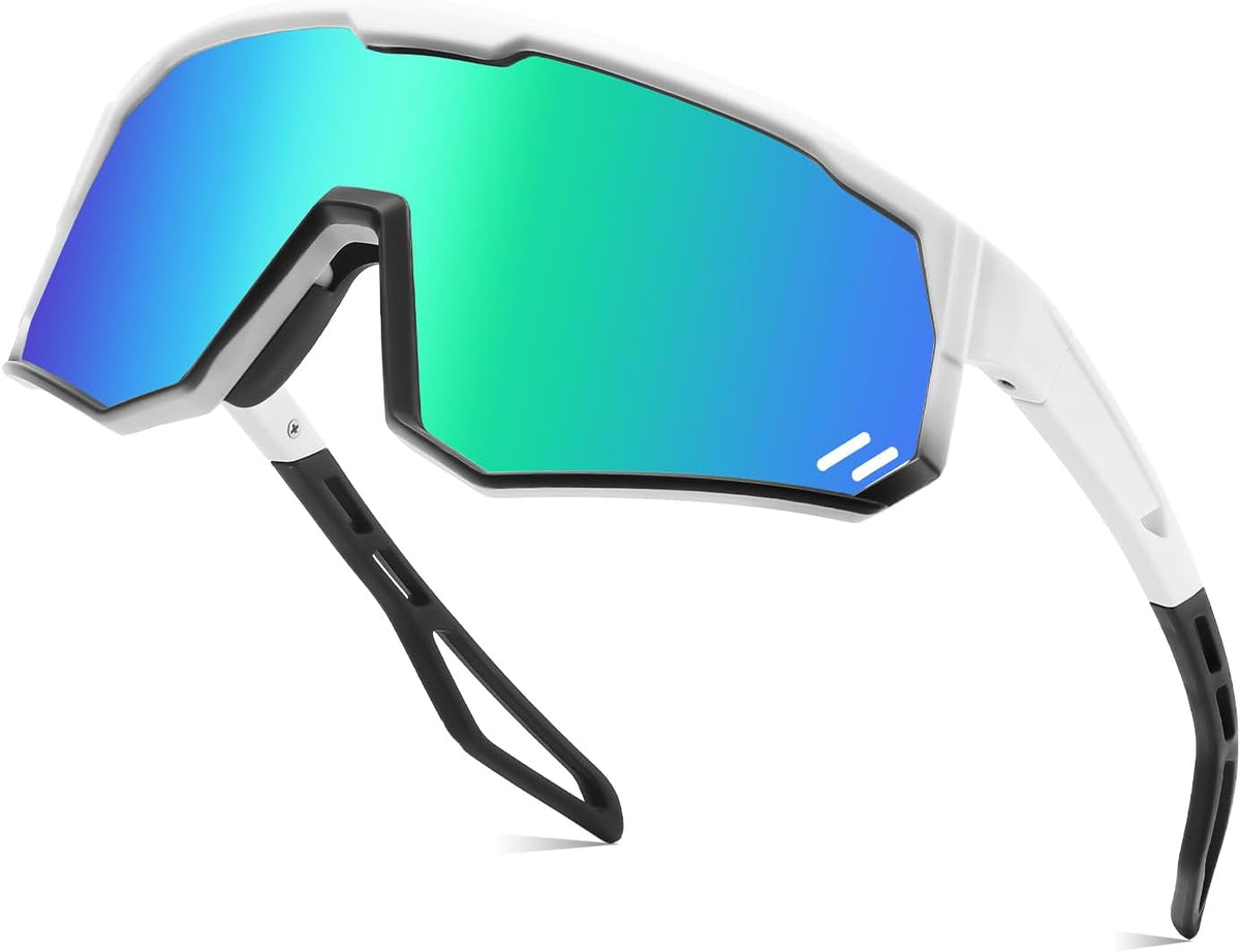 White Frame Green Mirrored Lens / Large | B0D78XGDZ2 | FEISEDY Polarized Cycling Glasses Sports Sunglasses, UV400 Protection Baseball Running Glasses for Men Women Youth B0180