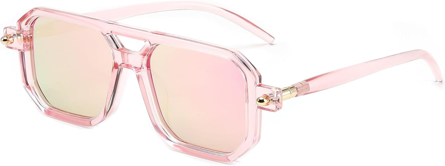 033 Transparent Pink Frame & Pink Mirrored Lens / 52 Millimeters | B0DPCJ41XB | FEISEDY Vintage Square 70s Flat Aviator Sunglasses Women Men Classic Retro Stylish Frame UV400 Sunglasses B2622