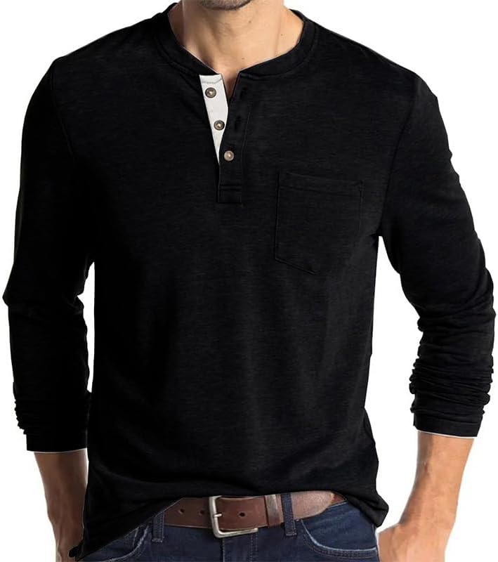 Large / Black|long Sleeved | B0GJL6LM5H | Men's Long/Short Sleeve Polo Shirt, Soft Cotton Pocket Crew Tee Classic Men Shirts Casual Henley T-Shirt for Golf Daily Wear