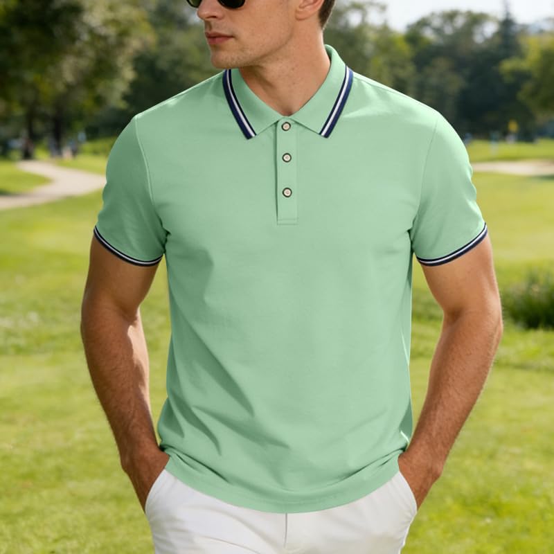 商品图片 2 | B0H2W3G7R7 | Men's Mint Green Polo Shirt, Short Sleeve Breathable Ice Cool Golf Shirt, Business Casual Summer Polo for Men